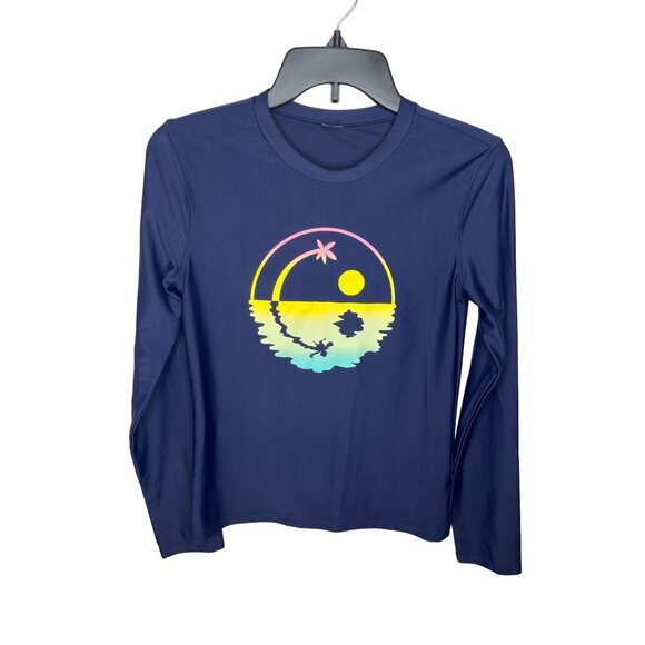 Old Navy Swim Top Girls Navy Blue Long Sleeve Shirt With Tropical Graphic Design - Picture 1 of 5